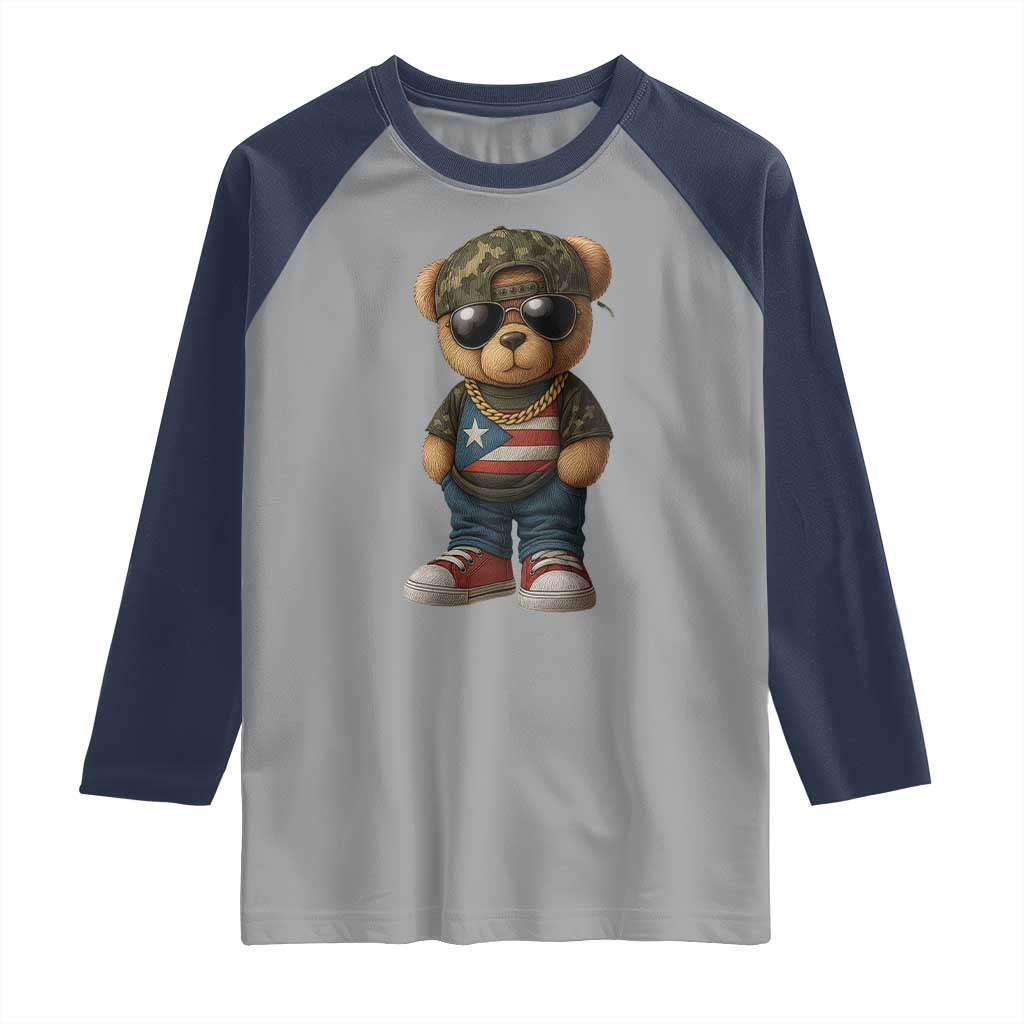 Camo Teddy Bear Puerto Rico Flag Raglan Shirt Camouflage Rican Boricua - Wonder Print Shop
