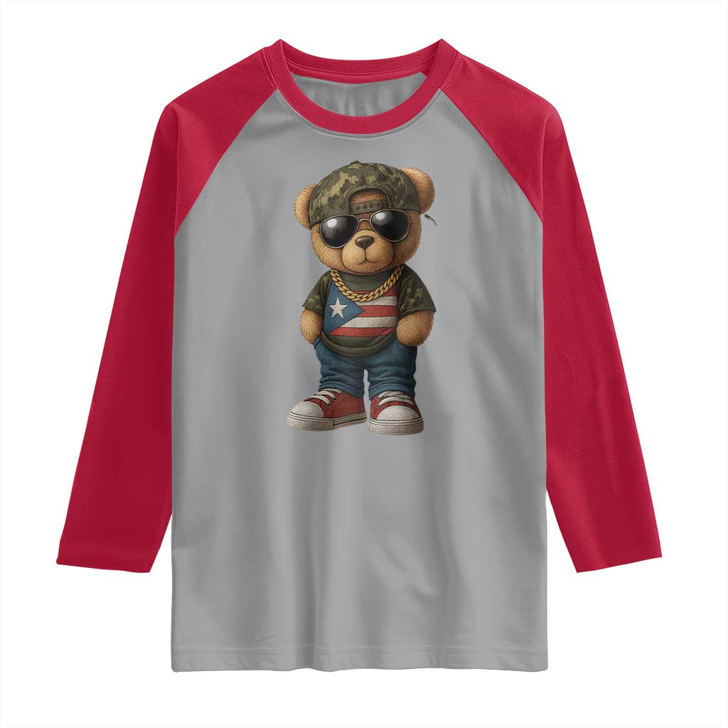 Camo Teddy Bear Puerto Rico Flag Raglan Shirt Camouflage Rican Boricua - Wonder Print Shop