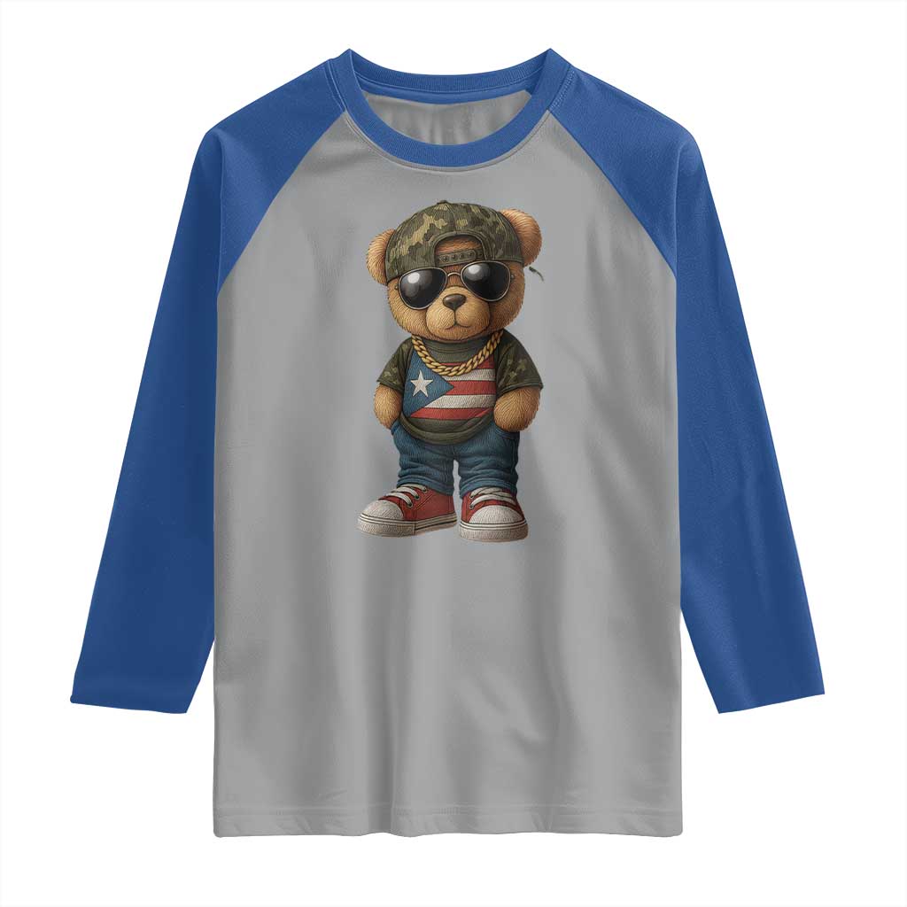 Camo Teddy Bear Puerto Rico Flag Raglan Shirt Camouflage Rican Boricua - Wonder Print Shop