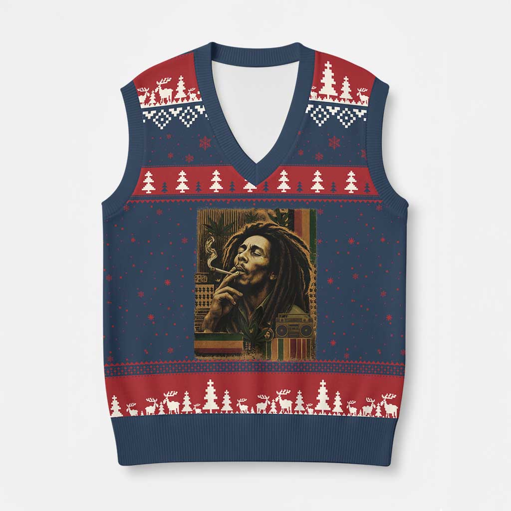Vintage Marley Guitarist V-Neck Knit Sweater Vest Rastaman Rastafari Music Vibes Only Rasta Jamaica Reggae - Wonder Print Shop