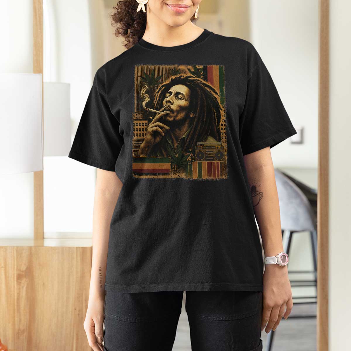 Vintage Marley Guitarist T Shirt For Women Rastaman Rastafari Music Vibes Only Rasta Jamaica Reggae - Wonder Print Shop