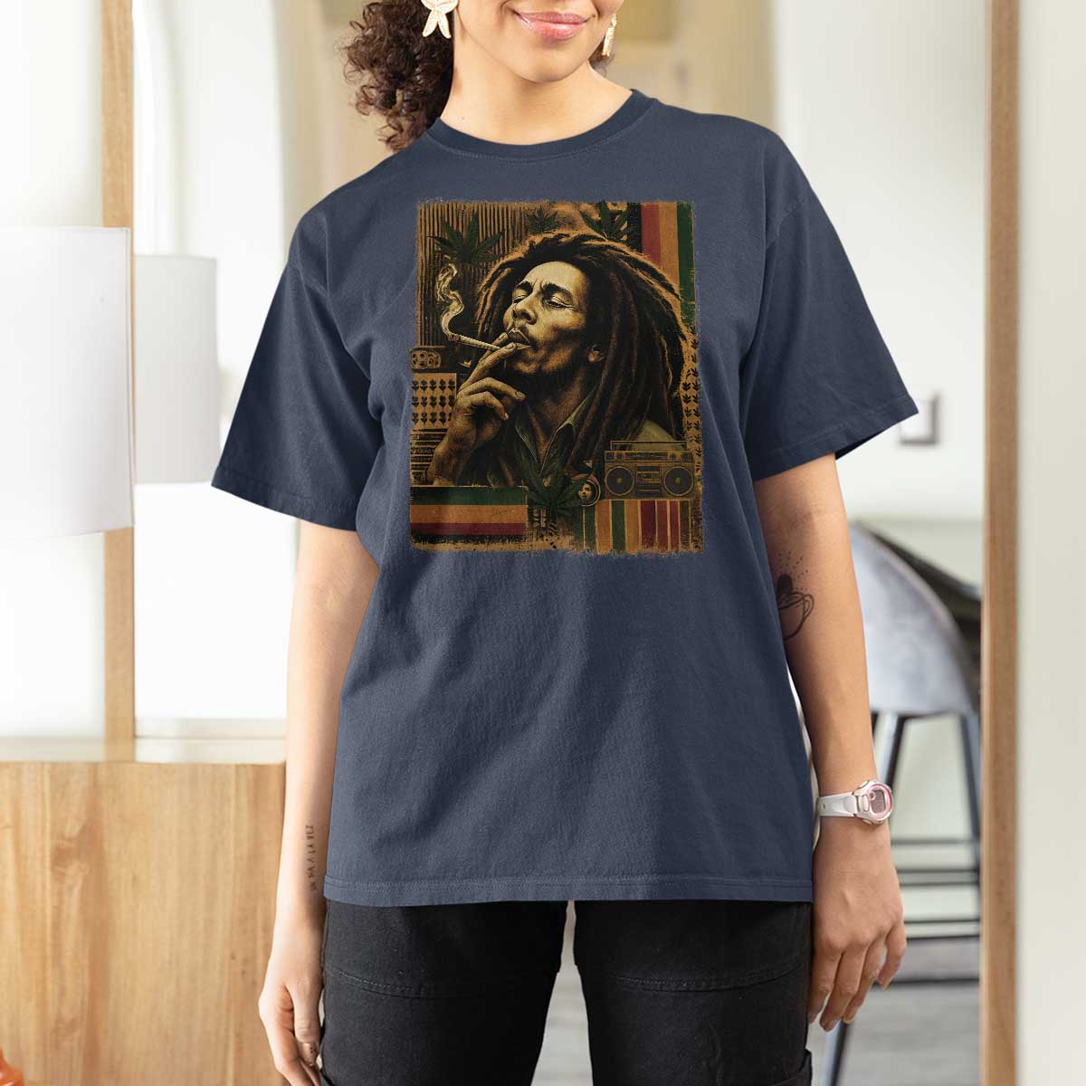 Vintage Marley Guitarist T Shirt For Women Rastaman Rastafari Music Vibes Only Rasta Jamaica Reggae - Wonder Print Shop