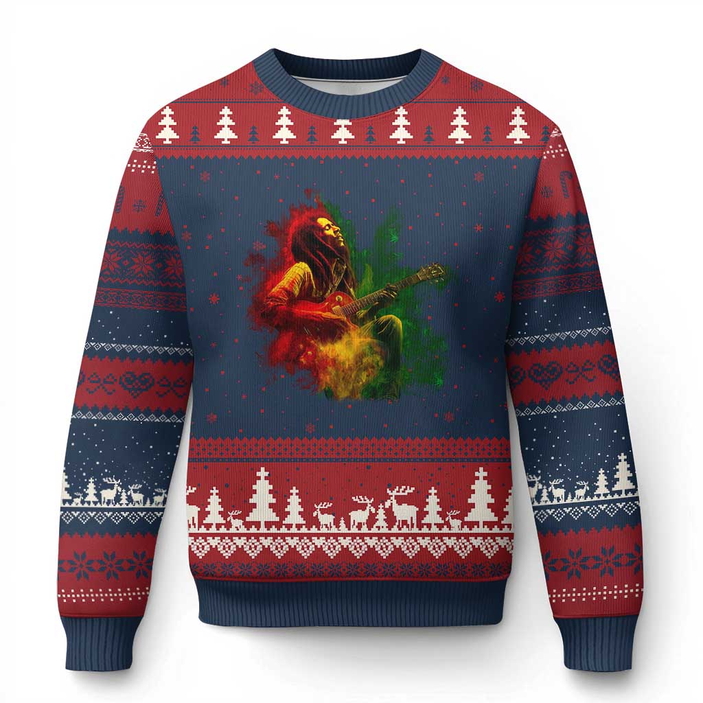 Marley Guitarist Ugly Christmas Sweater Smoke Cannabis Leaf 420 Rastafari Rasta Reggae Music - Wonder Print Shop