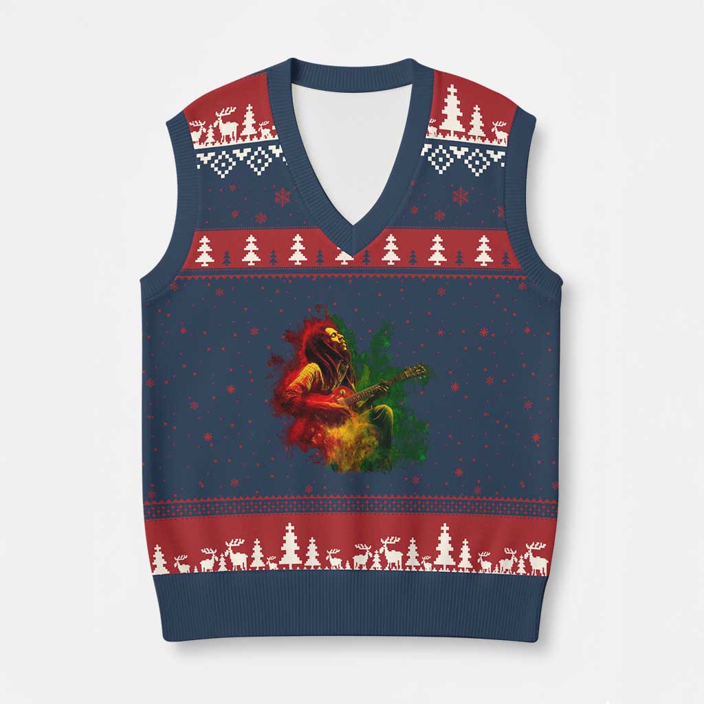 Marley Guitarist V-Neck Knit Sweater Vest Smoke Cannabis Leaf 420 Rastafari Rasta Reggae Music - Wonder Print Shop