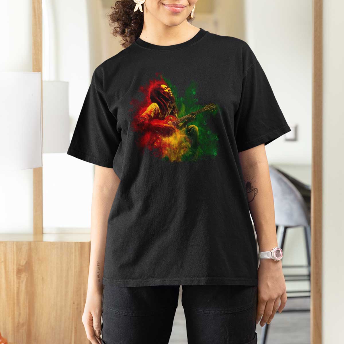 Marley Guitarist T Shirt For Women Smoke Cannabis Leaf 420 Rastafari Rasta Reggae Music - Wonder Print Shop