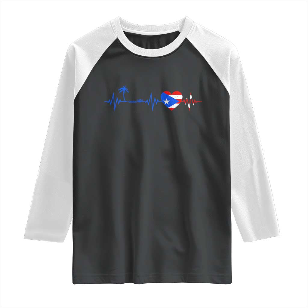 Puerto Rico Flag Raglan Shirt Heartbeat EKG Pulse Boricua Pride Summer Beach - Wonder Print Shop