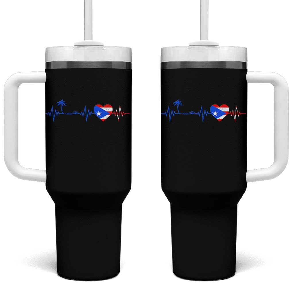 Puerto Rico Flag Tumbler With Handle Heartbeat EKG Pulse Boricua Pride Summer Beach - Wonder Print Shop