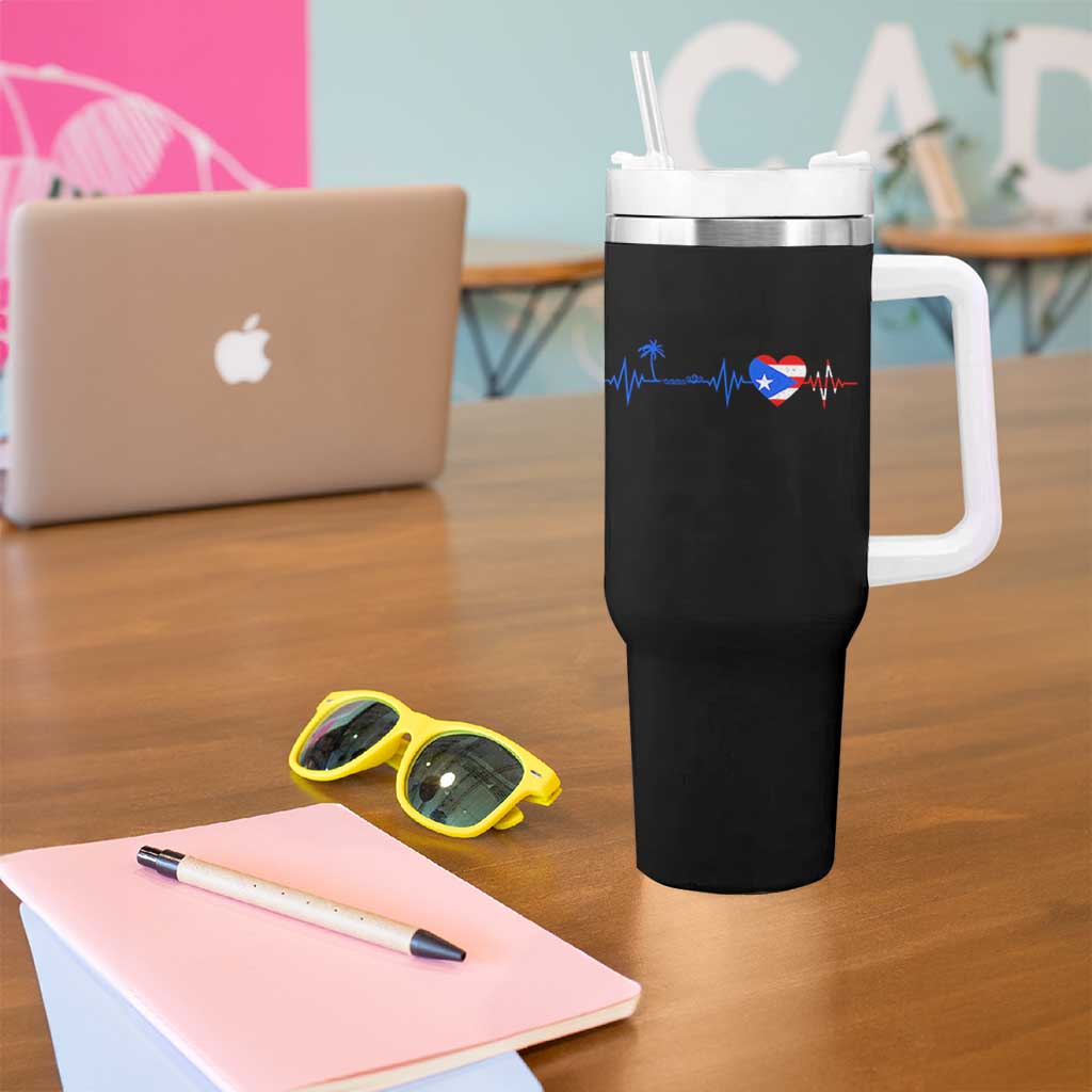 Puerto Rico Flag Tumbler With Handle Heartbeat EKG Pulse Boricua Pride Summer Beach - Wonder Print Shop