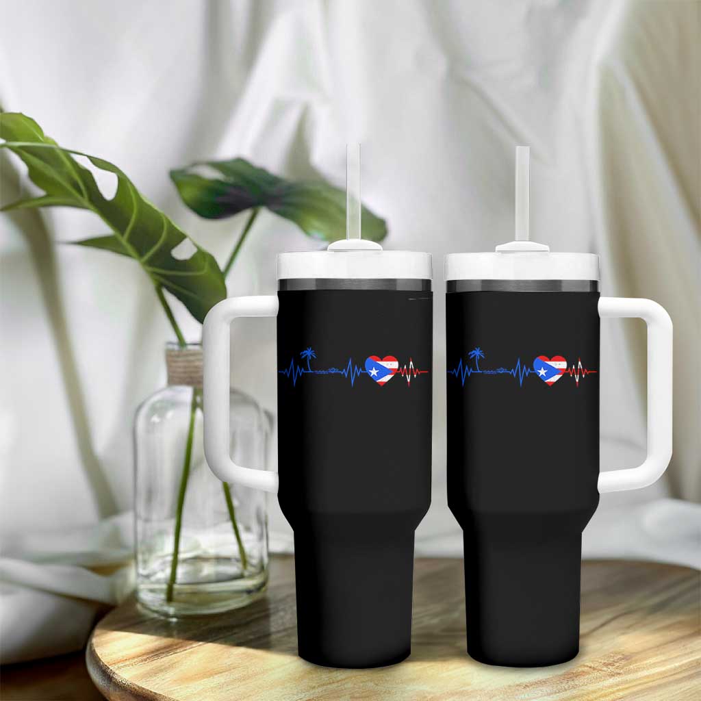 Puerto Rico Flag Tumbler With Handle Heartbeat EKG Pulse Boricua Pride Summer Beach - Wonder Print Shop