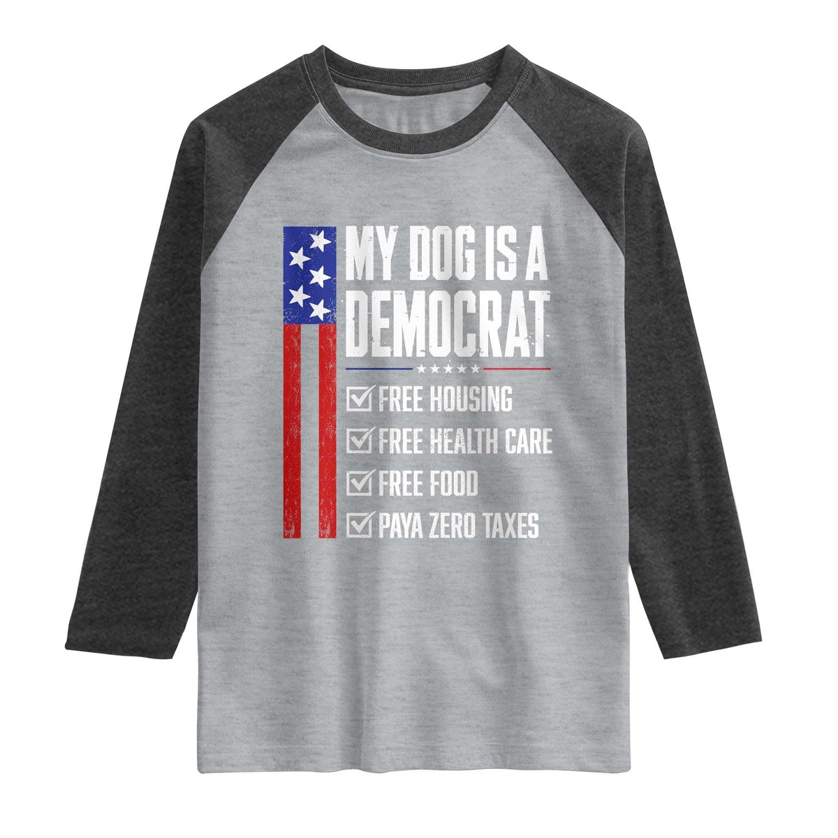 My Dog Is A Democrat Funny Political Satire Raglan Shirt Patriotic Dog Lover Graphic Subtle FDT Humor