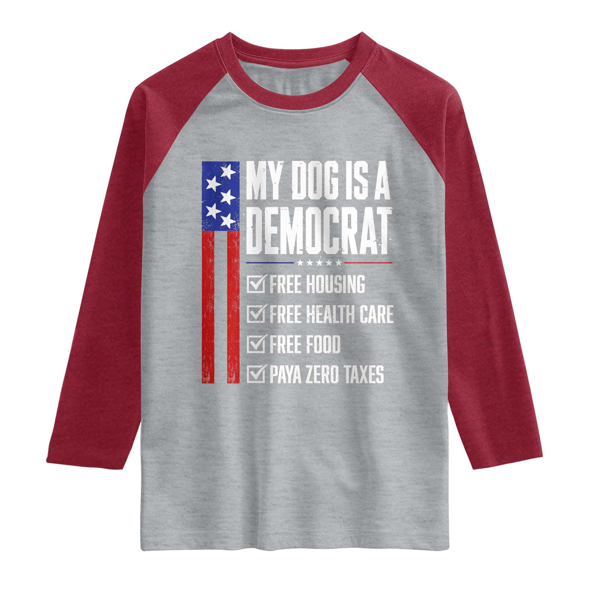 My Dog Is A Democrat Funny Political Satire Raglan Shirt Patriotic Dog Lover Graphic Subtle FDT Humor