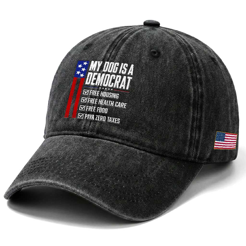 My Dog Is A Democrat Funny Political Satire Washed Cotton Baseball Cap Patriotic Dog Lover Graphic Subtle FDT Humor