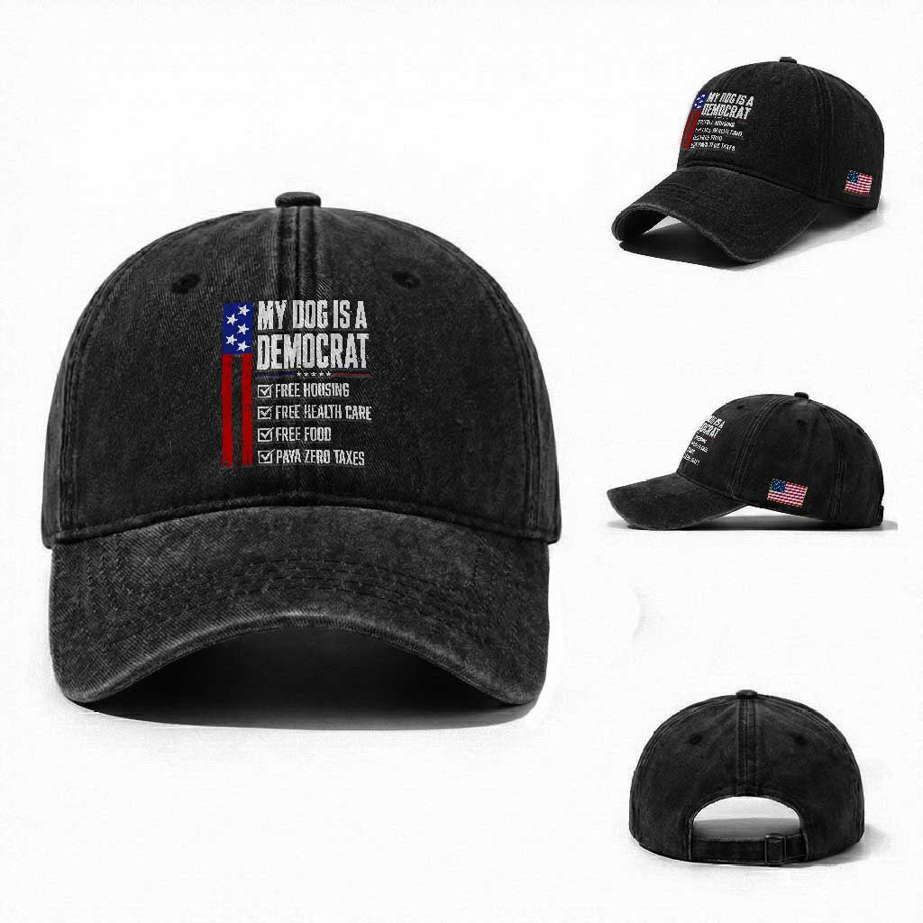 My Dog Is A Democrat Funny Political Satire Washed Cotton Baseball Cap Patriotic Dog Lover Graphic Subtle FDT Humor