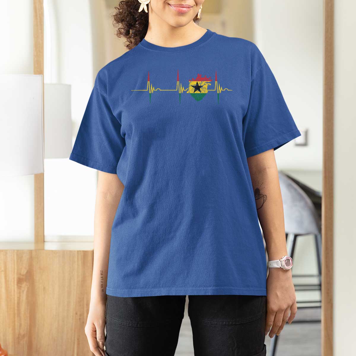 Heart Ghana Flag T Shirt For Women Heartbeat EKG Pulse Proud Ghanaian