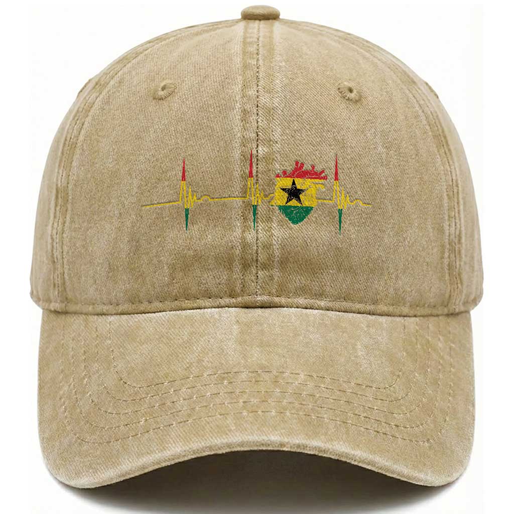 Heart Ghana Flag Washed Cotton Baseball Cap Heartbeat EKG Pulse Proud Ghanaian