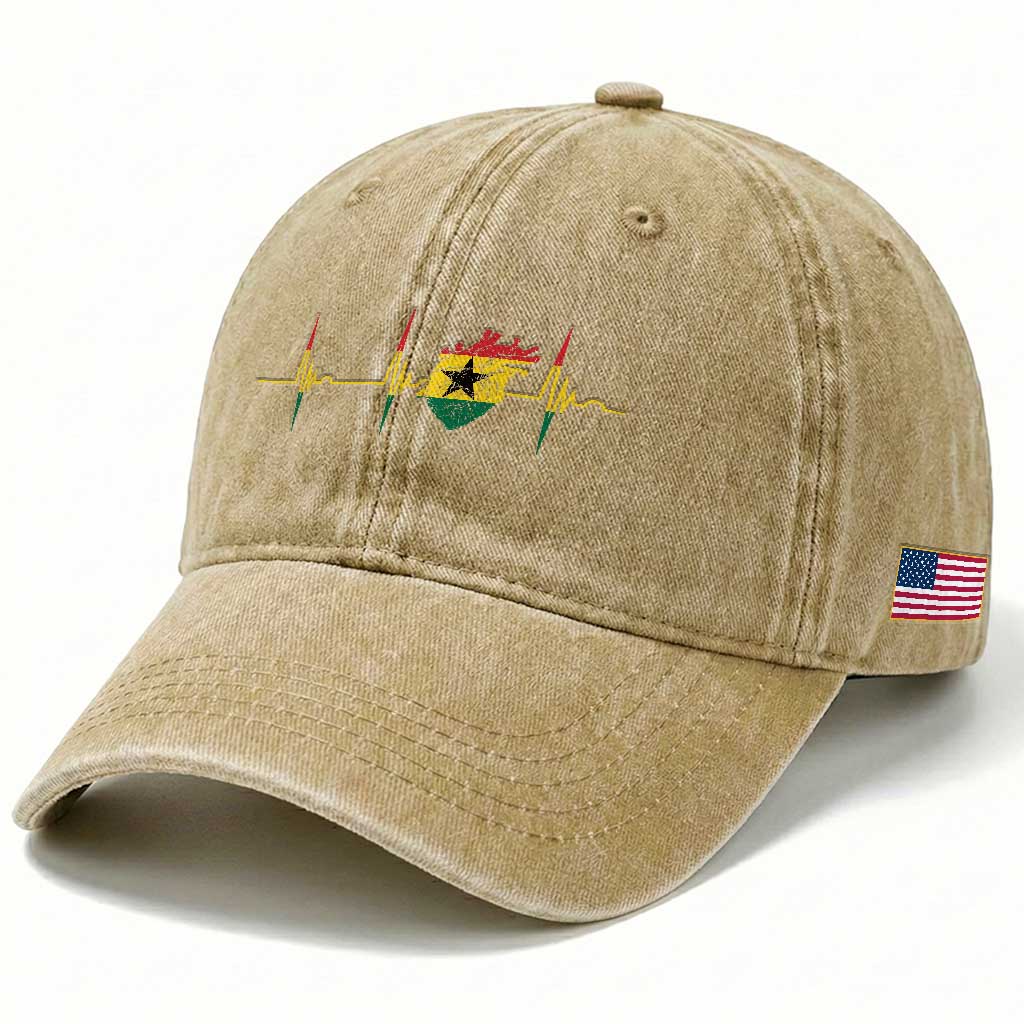 Heart Ghana Flag Washed Cotton Baseball Cap Heartbeat EKG Pulse Proud Ghanaian