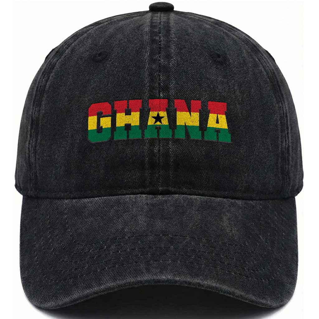 Ghana Flag Washed Cotton Baseball Cap Varsity Lettering Design Ghanaian Pride Heritage Graphic