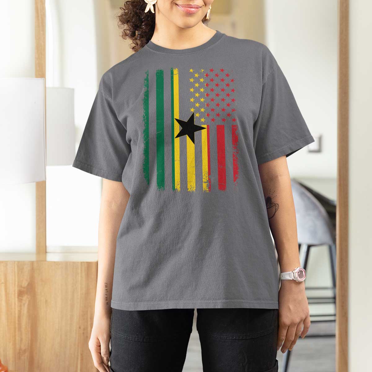 Ghana American Flag T Shirt For Women Vintage Ghanaian Pride Heritage Graphic for Ghanaian Americans