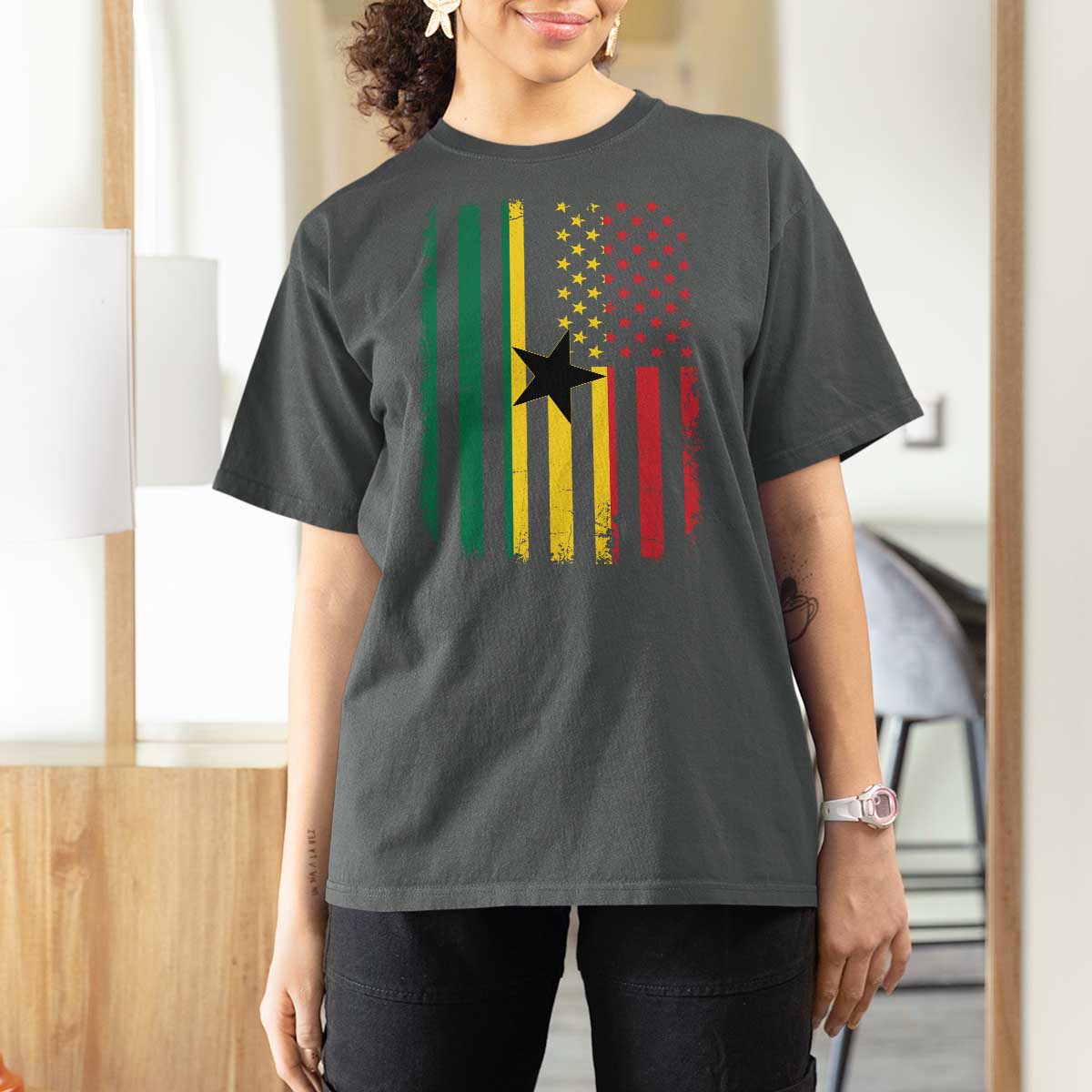 Ghana American Flag T Shirt For Women Vintage Ghanaian Pride Heritage Graphic for Ghanaian Americans