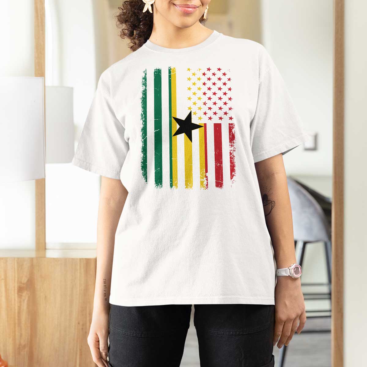 Ghana American Flag T Shirt For Women Vintage Ghanaian Pride Heritage Graphic for Ghanaian Americans
