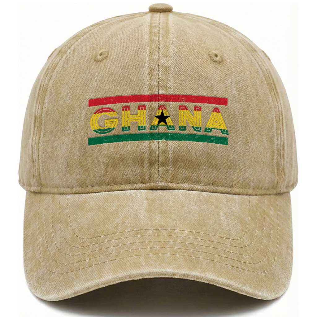 Retro Ghana Flag Washed Cotton Baseball Cap Vintage Ghanaian Pride Ghanese Roots Heritage Graphic
