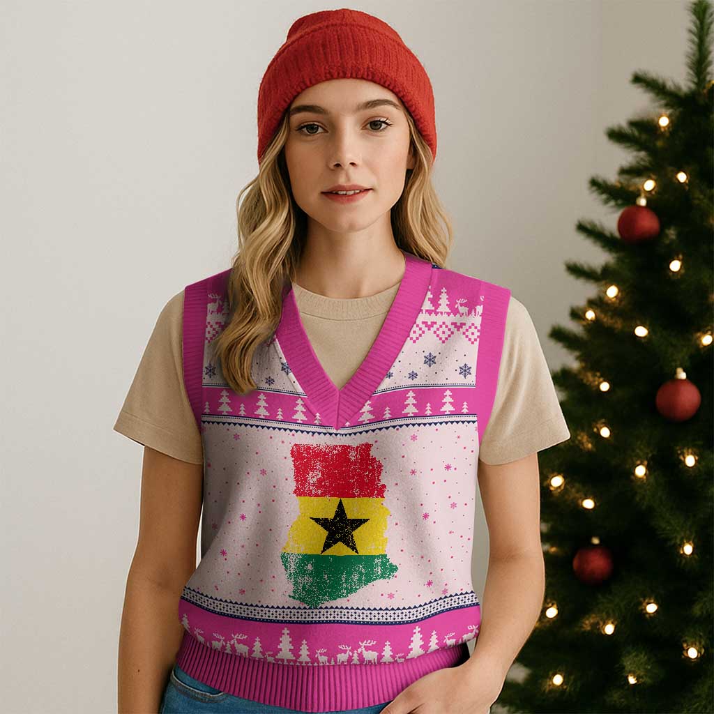 Vintage Ghana Map Flag V-Neck Knit Sweater Vest Distressed Proud Ghanaian Heritage African Pride