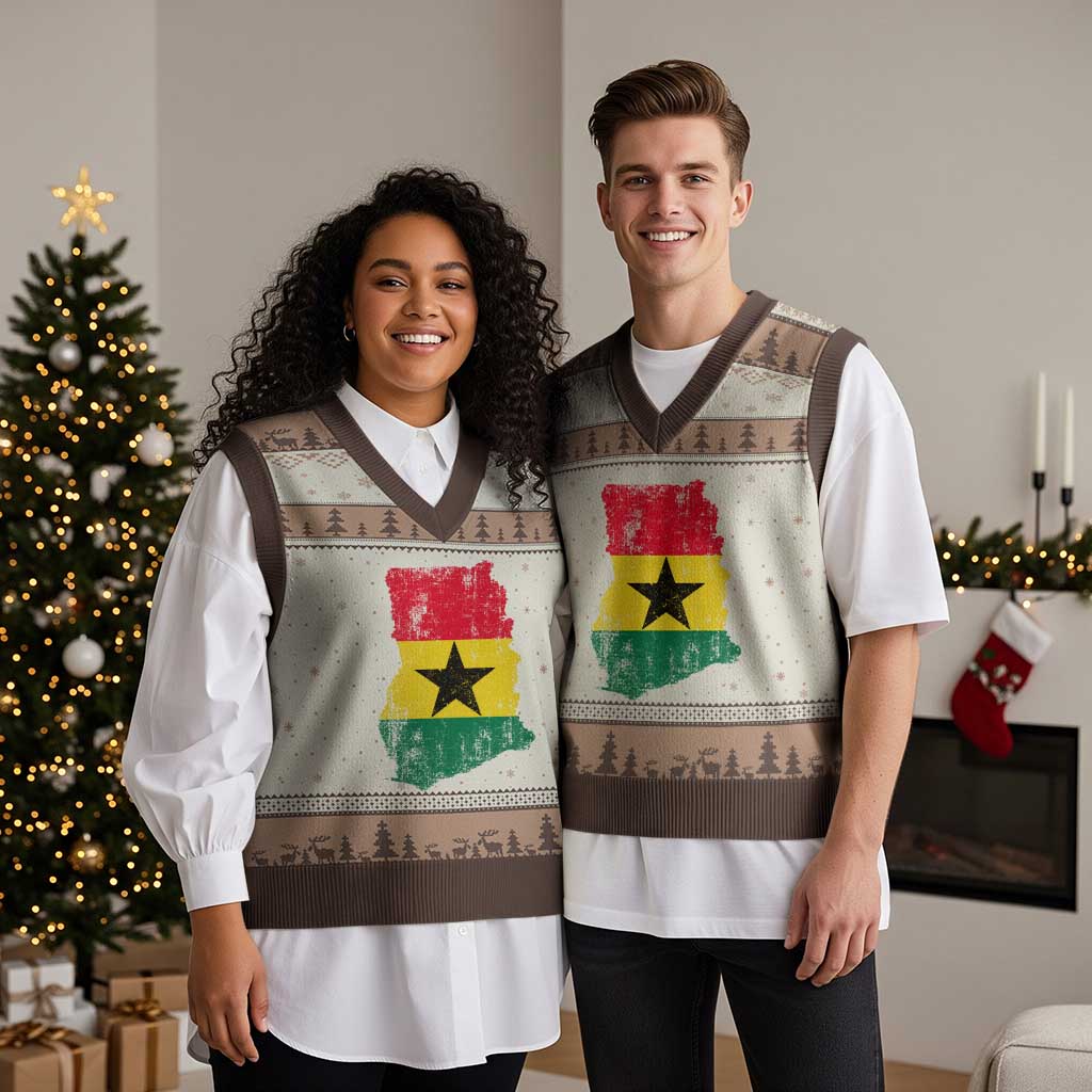 Vintage Ghana Map Flag V-Neck Knit Sweater Vest Distressed Proud Ghanaian Heritage African Pride