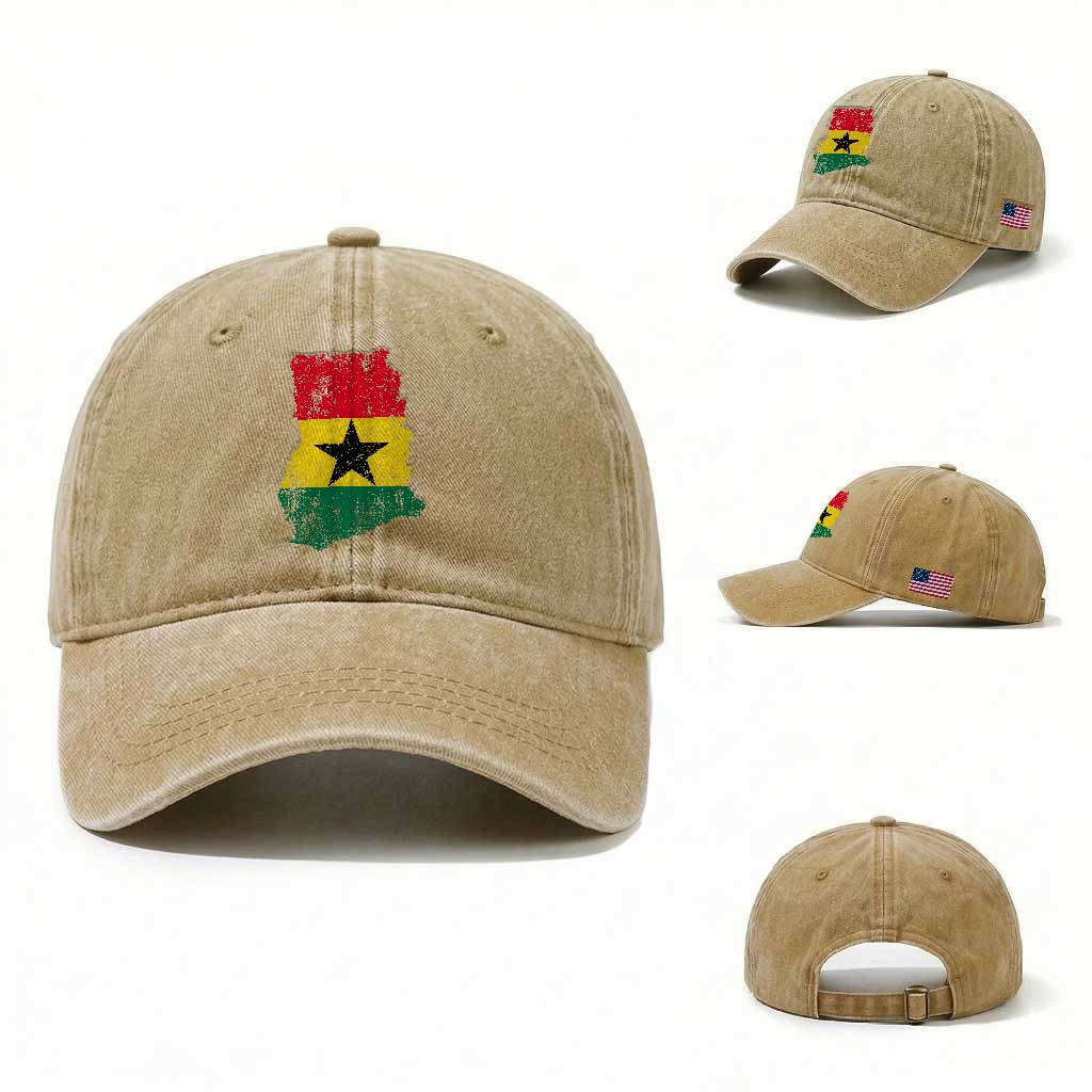 Vintage Ghana Map Flag Washed Cotton Baseball Cap Distressed Proud Ghanaian Heritage African Pride