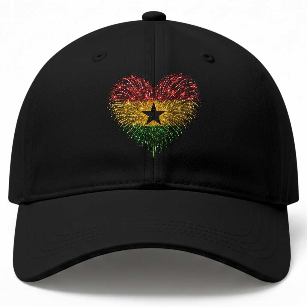 Ghana Flag Heart Ghanaian Flag Baseball Cap Heart Fireworks Patriotic Independence Day Celebration Graphic