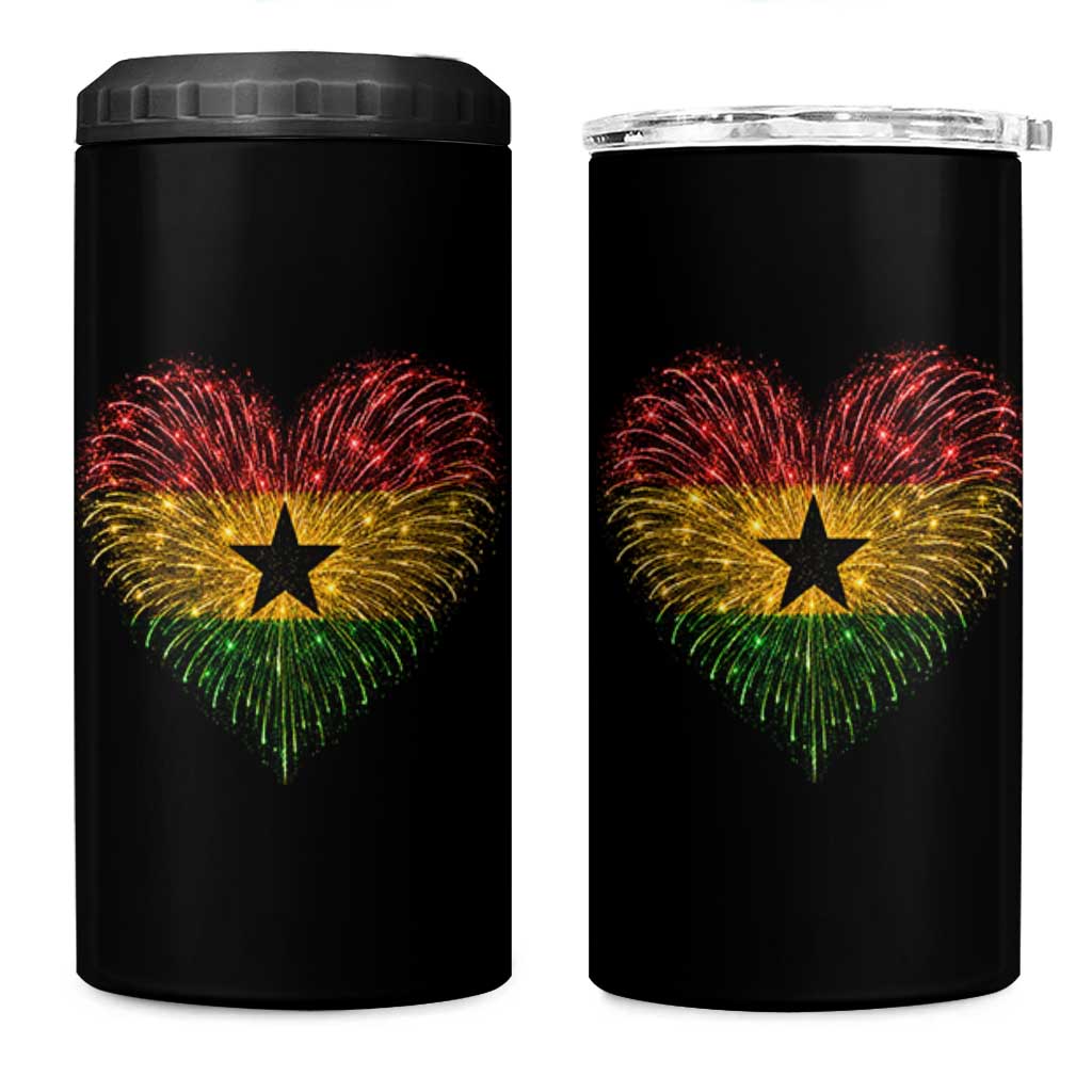 Ghana Flag Heart Ghanaian Flag 4 in 1 Can Cooler Tumbler Heart Fireworks Patriotic Independence Day Celebration Graphic
