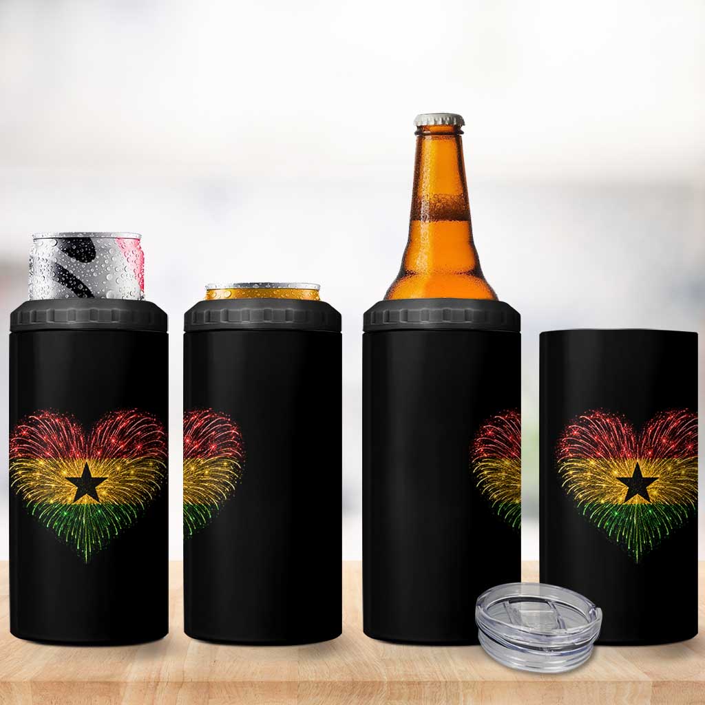 Ghana Flag Heart Ghanaian Flag 4 in 1 Can Cooler Tumbler Heart Fireworks Patriotic Independence Day Celebration Graphic