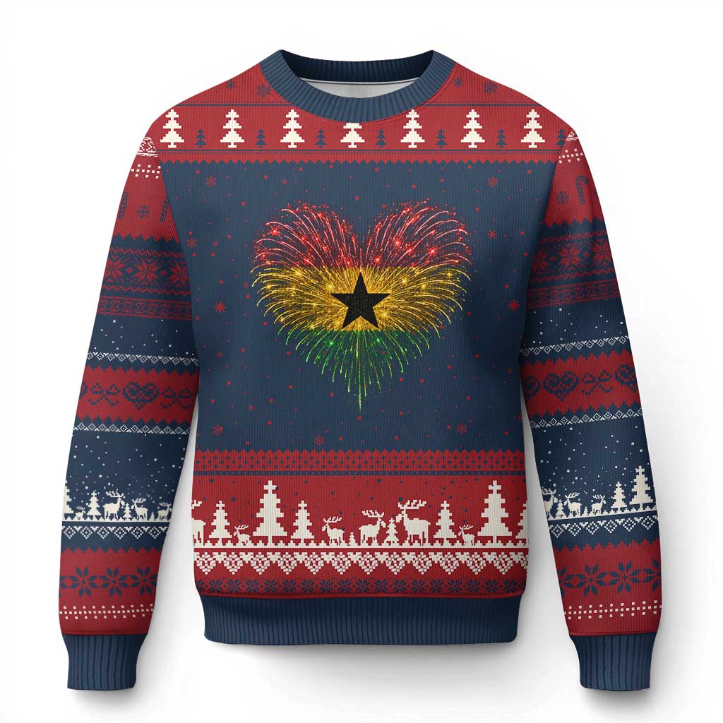 Ghana Flag Heart Ghanaian Flag Ugly Christmas Sweater Heart Fireworks Patriotic Independence Day Celebration Graphic