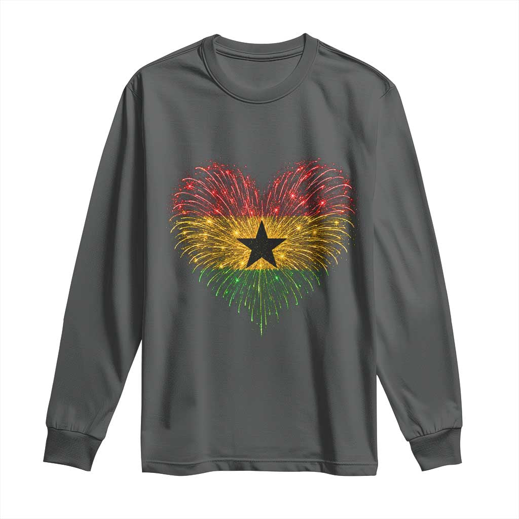 Ghana Flag Heart Ghanaian Flag Long Sleeve Shirt Heart Fireworks Patriotic Independence Day Celebration Graphic