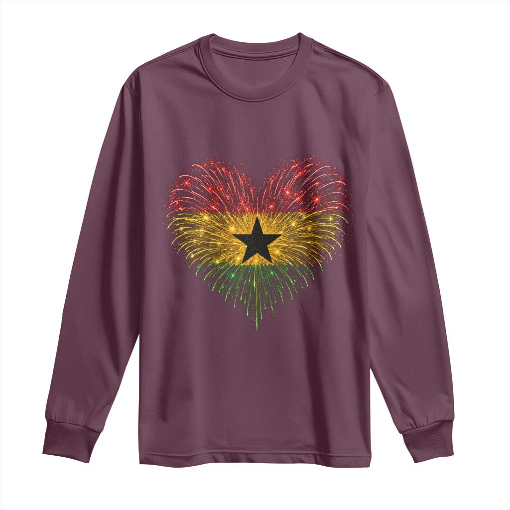 Ghana Flag Heart Ghanaian Flag Long Sleeve Shirt Heart Fireworks Patriotic Independence Day Celebration Graphic
