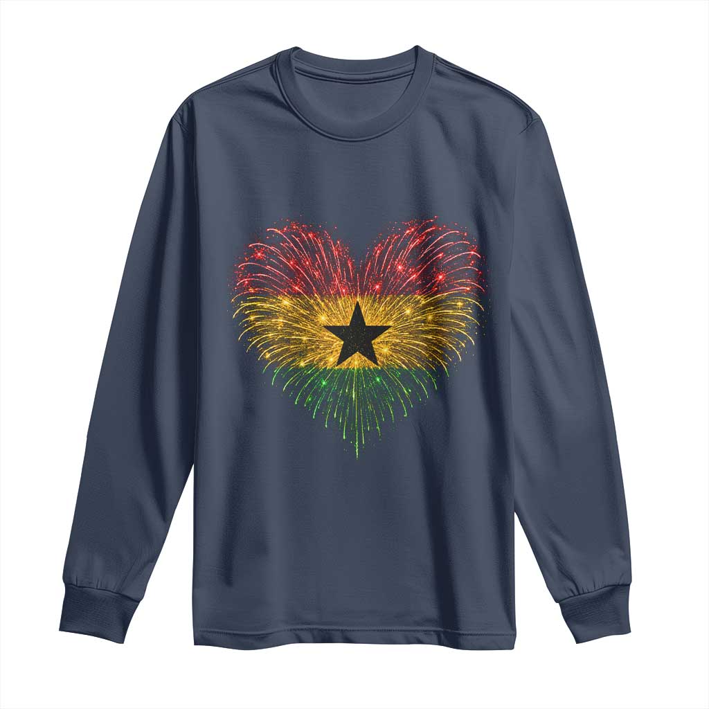 Ghana Flag Heart Ghanaian Flag Long Sleeve Shirt Heart Fireworks Patriotic Independence Day Celebration Graphic