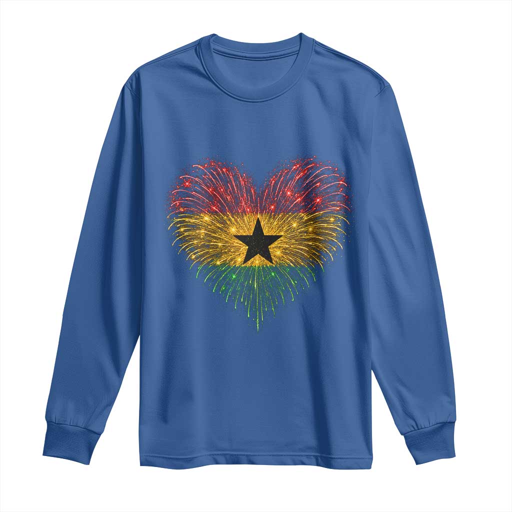 Ghana Flag Heart Ghanaian Flag Long Sleeve Shirt Heart Fireworks Patriotic Independence Day Celebration Graphic