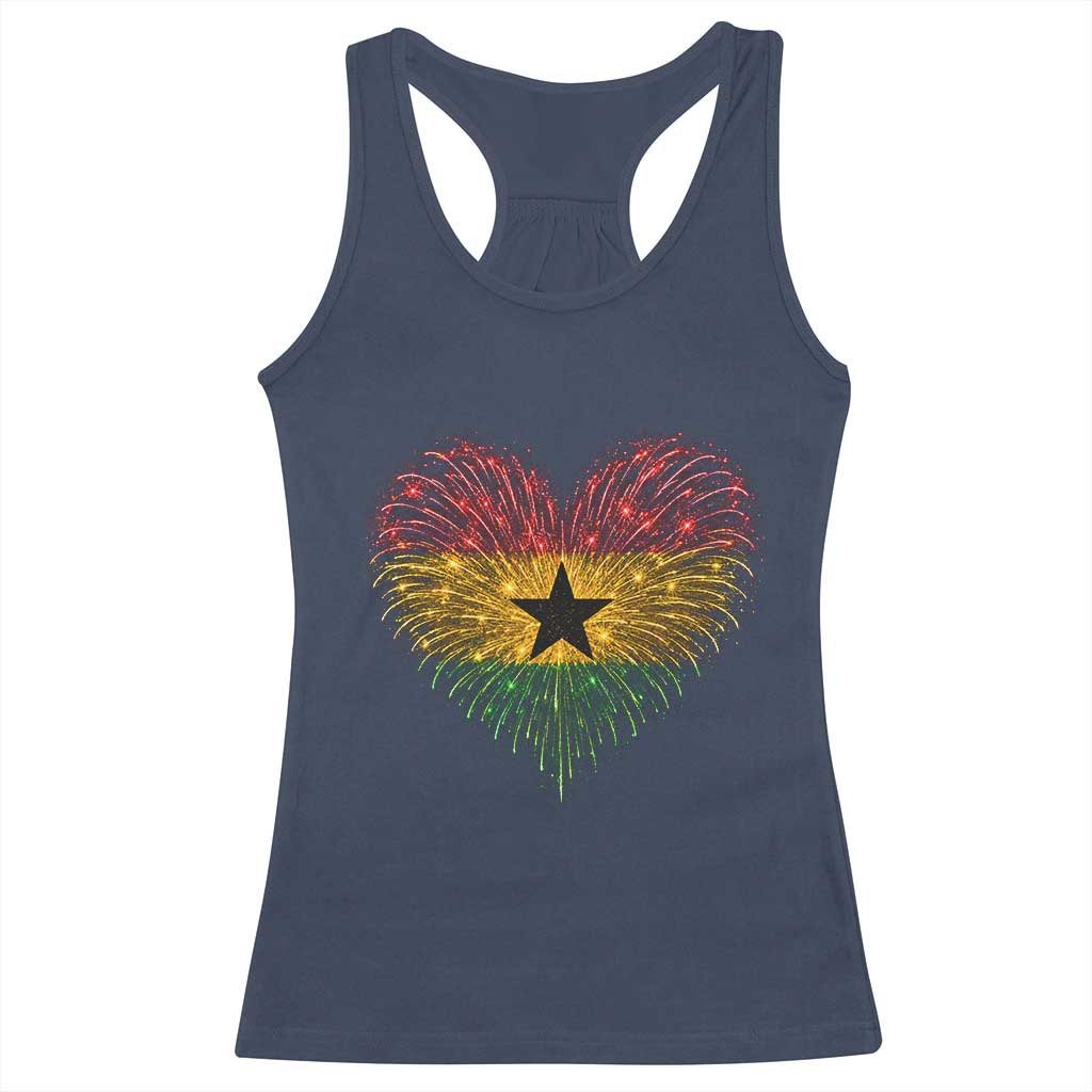 Ghana Flag Heart Ghanaian Flag Racerback Tank Top Heart Fireworks Patriotic Independence Day Celebration Graphic