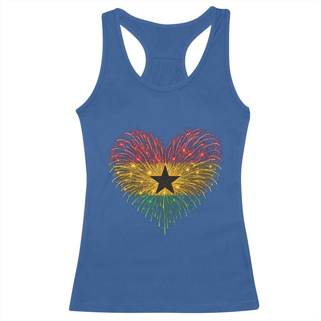 Ghana Flag Heart Ghanaian Flag Racerback Tank Top Heart Fireworks Patriotic Independence Day Celebration Graphic