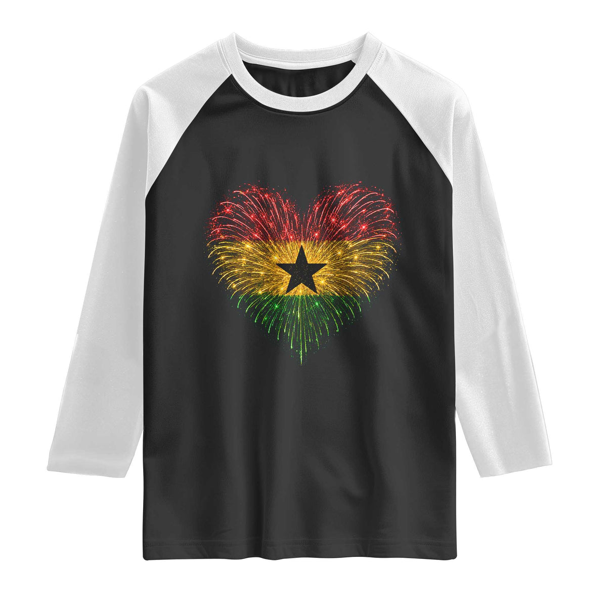 Ghana Flag Heart Ghanaian Flag Raglan Shirt Heart Fireworks Patriotic Independence Day Celebration Graphic