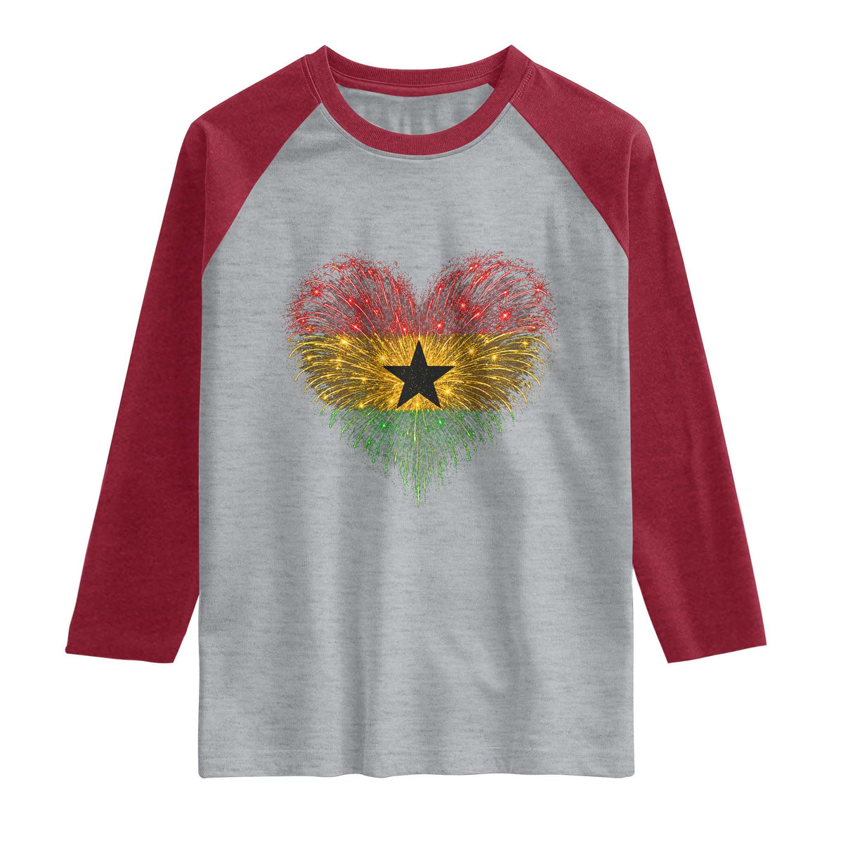 Ghana Flag Heart Ghanaian Flag Raglan Shirt Heart Fireworks Patriotic Independence Day Celebration Graphic