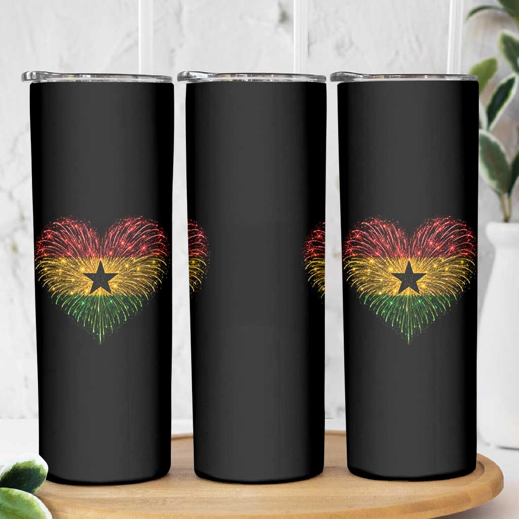 Ghana Flag Heart Ghanaian Flag Skinny Tumbler Heart Fireworks Patriotic Independence Day Celebration Graphic