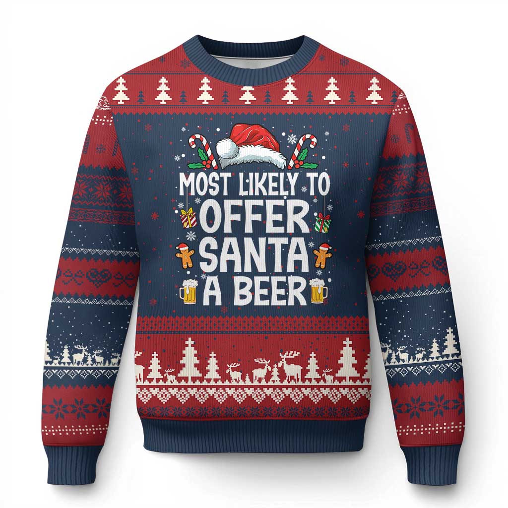 Family Matching Xmas Ugly Christmas Sweater Most Likely To Christmas To Offer Santa A Beer - Wonder Print Shop