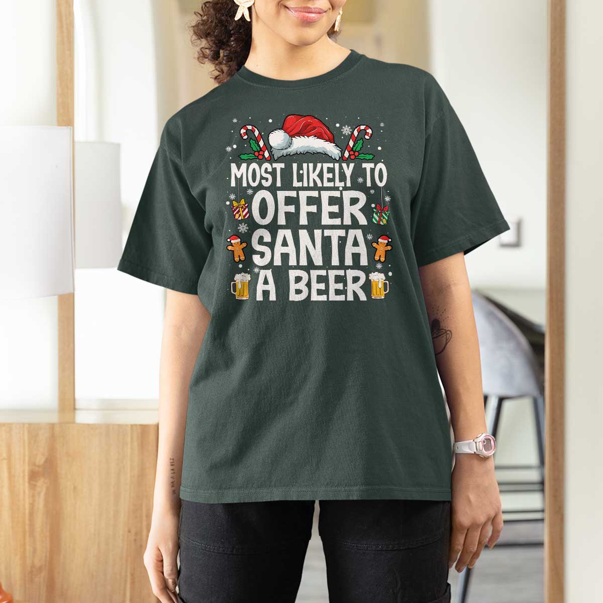 Family Matching Christmas T Shirt For Women Most Likely To Christmas To Offer Santa A Beer - Wonder Print Shop