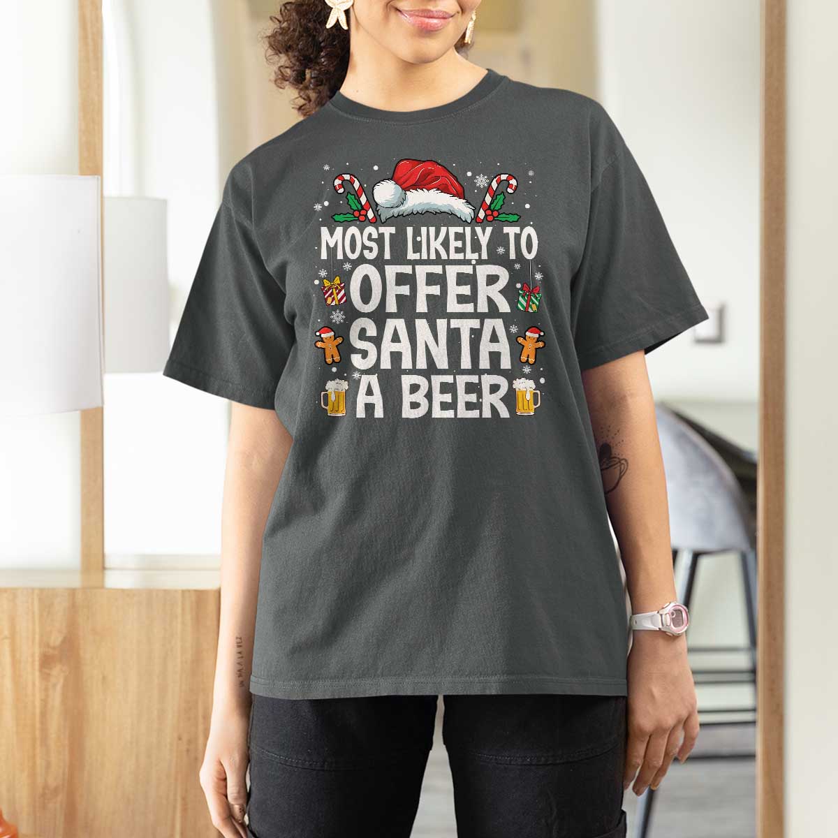 Family Matching Christmas T Shirt For Women Most Likely To Christmas To Offer Santa A Beer - Wonder Print Shop
