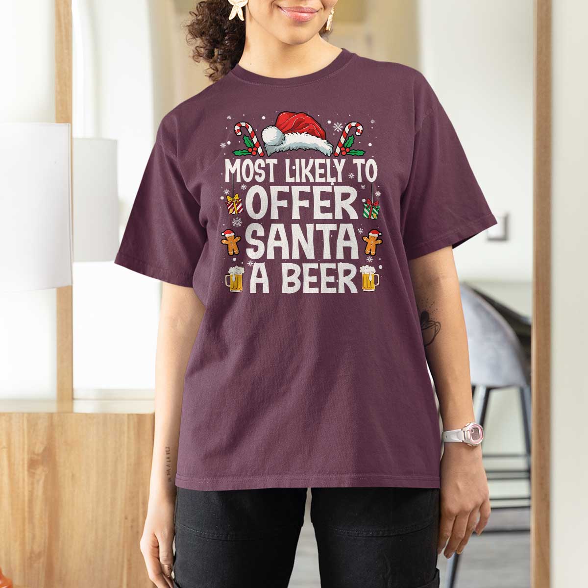 Family Matching Christmas T Shirt For Women Most Likely To Christmas To Offer Santa A Beer - Wonder Print Shop