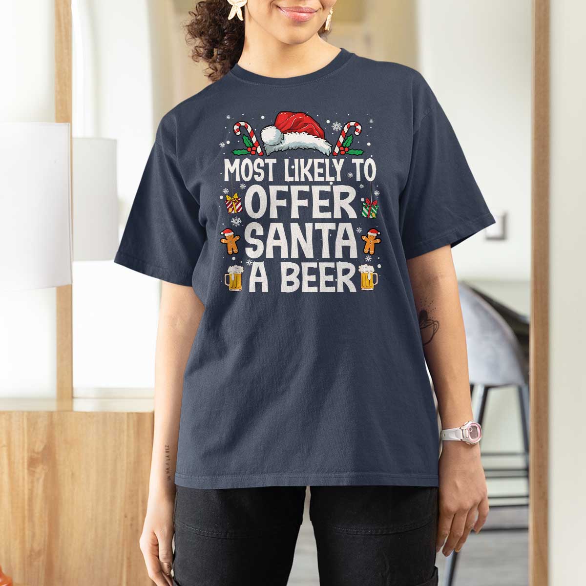 Family Matching Christmas T Shirt For Women Most Likely To Christmas To Offer Santa A Beer - Wonder Print Shop