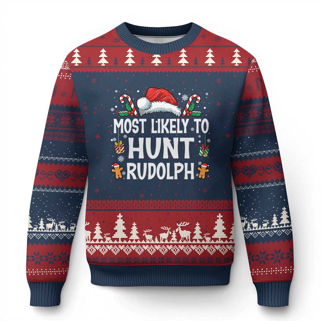 Family Matching Xmas Ugly Christmas Sweater Most Likely To Hunt Rudolph - Wonder Print Shop