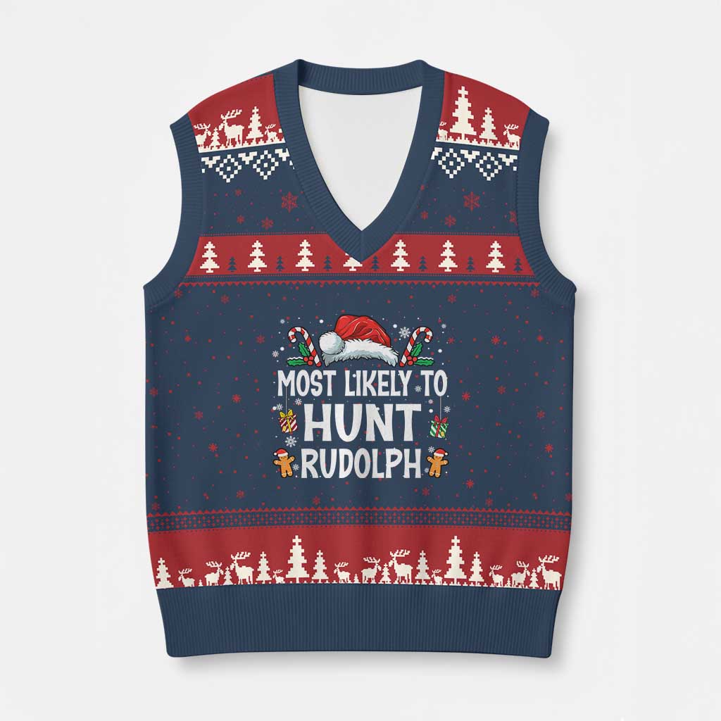 Family Matching Xmas V-Neck Knit Sweater Vest Most Likely To Hunt Rudolph - Wonder Print Shop