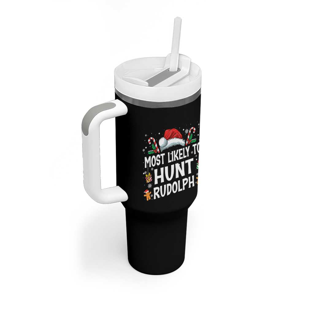 Family Matching Christmas Tumbler With Handle Most Likely To Hunt Rudolph - Wonder Print Shop