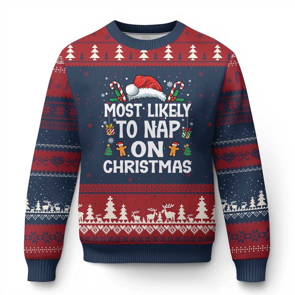 Family Matching Xmas Ugly Christmas Sweater Most Likely To Nap On Xmas - Wonder Print Shop